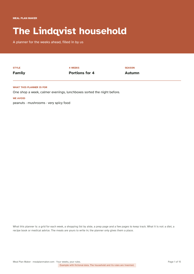 Example cover page with the household name and its rules